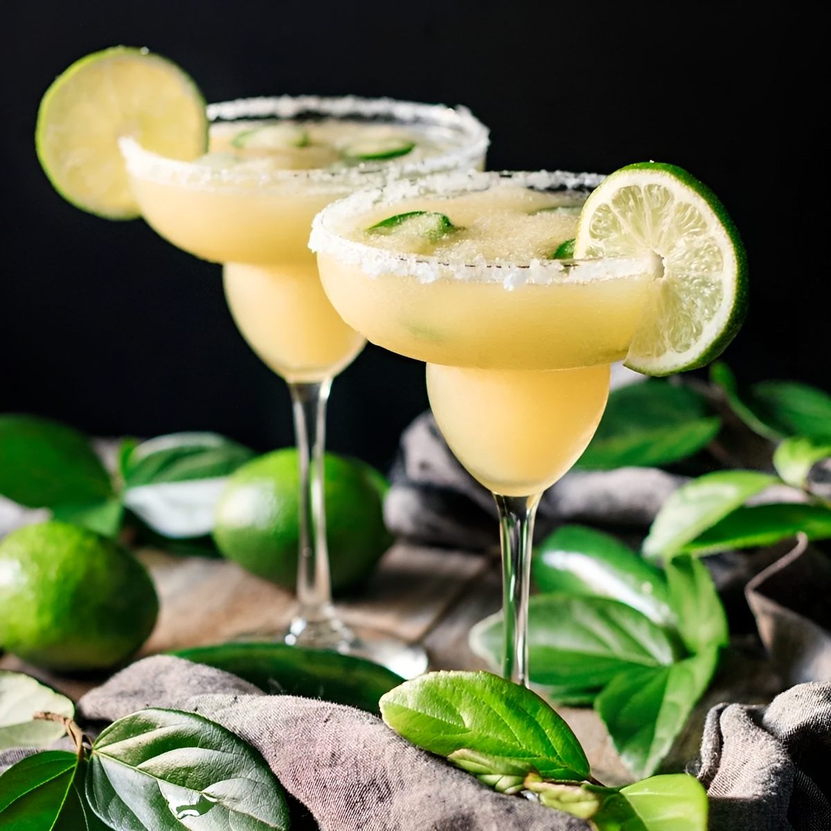 Two lime margaritas with salted rims